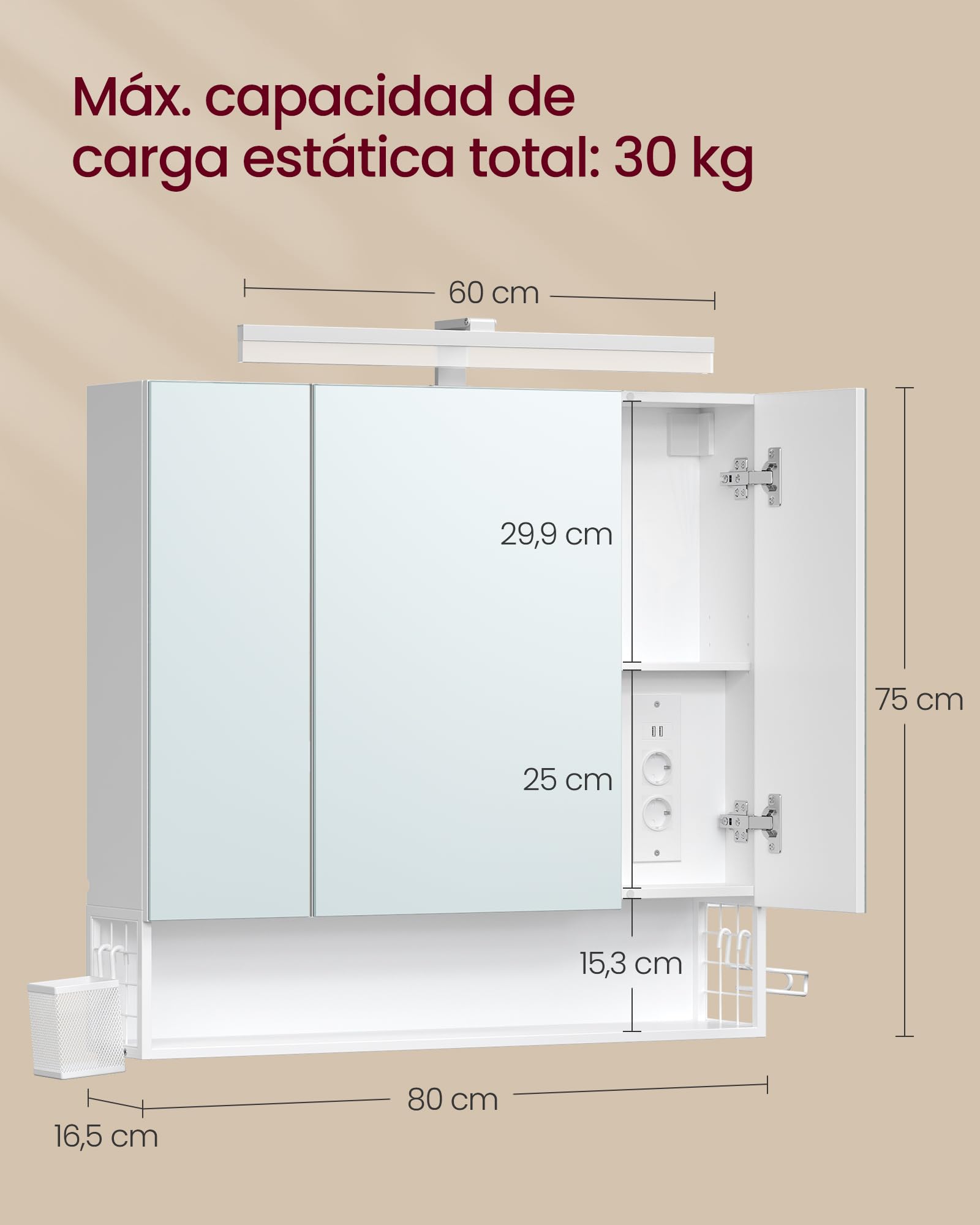 VASAGLE Armario de Baño con Espejo 3 Puertas, Mueble de Pared con Espejo, Enchufe, Cesta Colgante, Soporte para Secador de Pelo, para Baño, Lavabo, Blanco Mate BBK146WB01