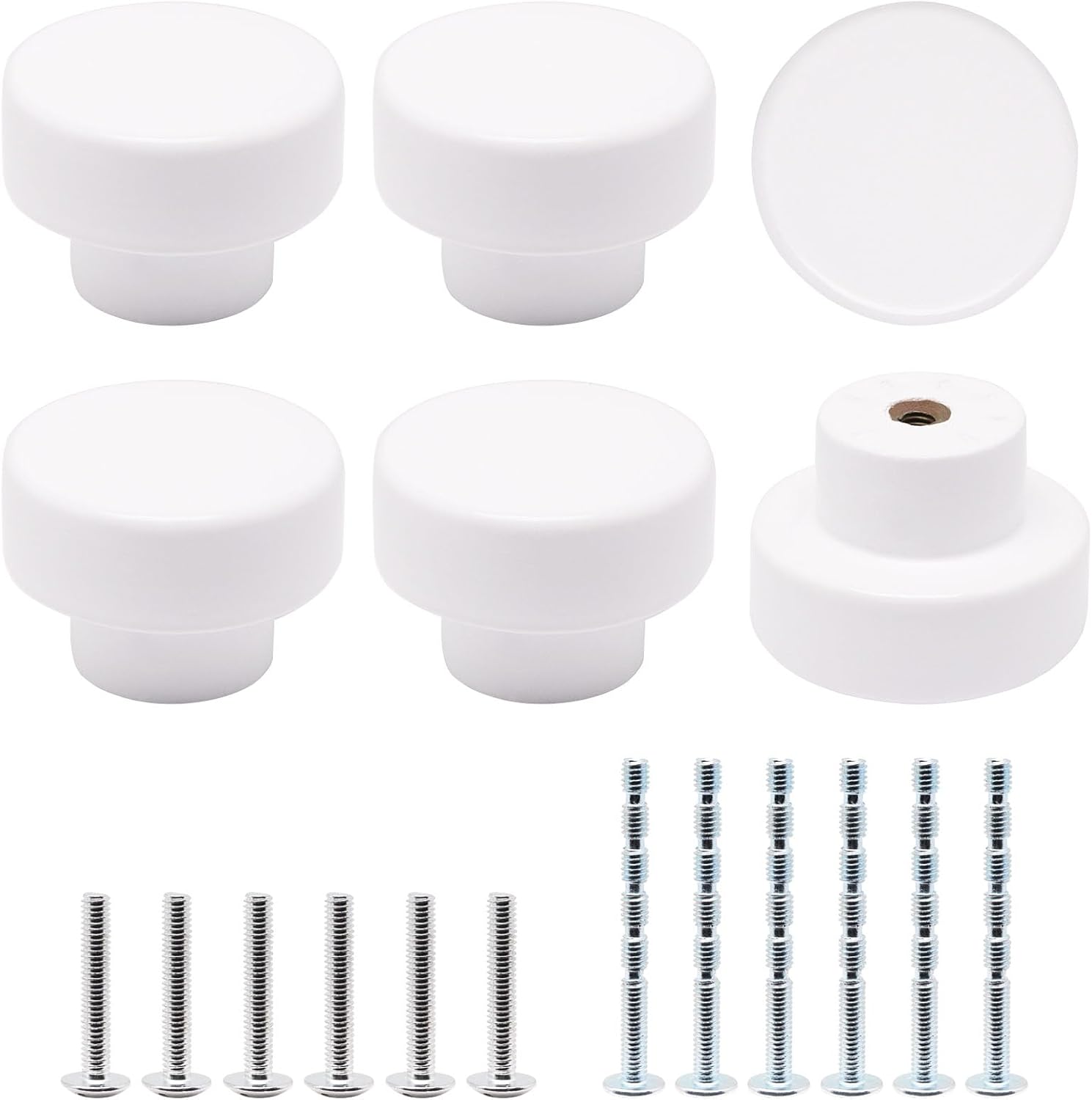6pcs Wooden Cabinet Knobs, Wood Dresser Knobs Kitchen Cabinet Knob, Natural Wooden Drawer Pulls Flat Top Round Knob for Furniture Cupboard Closet Door (Painted White)