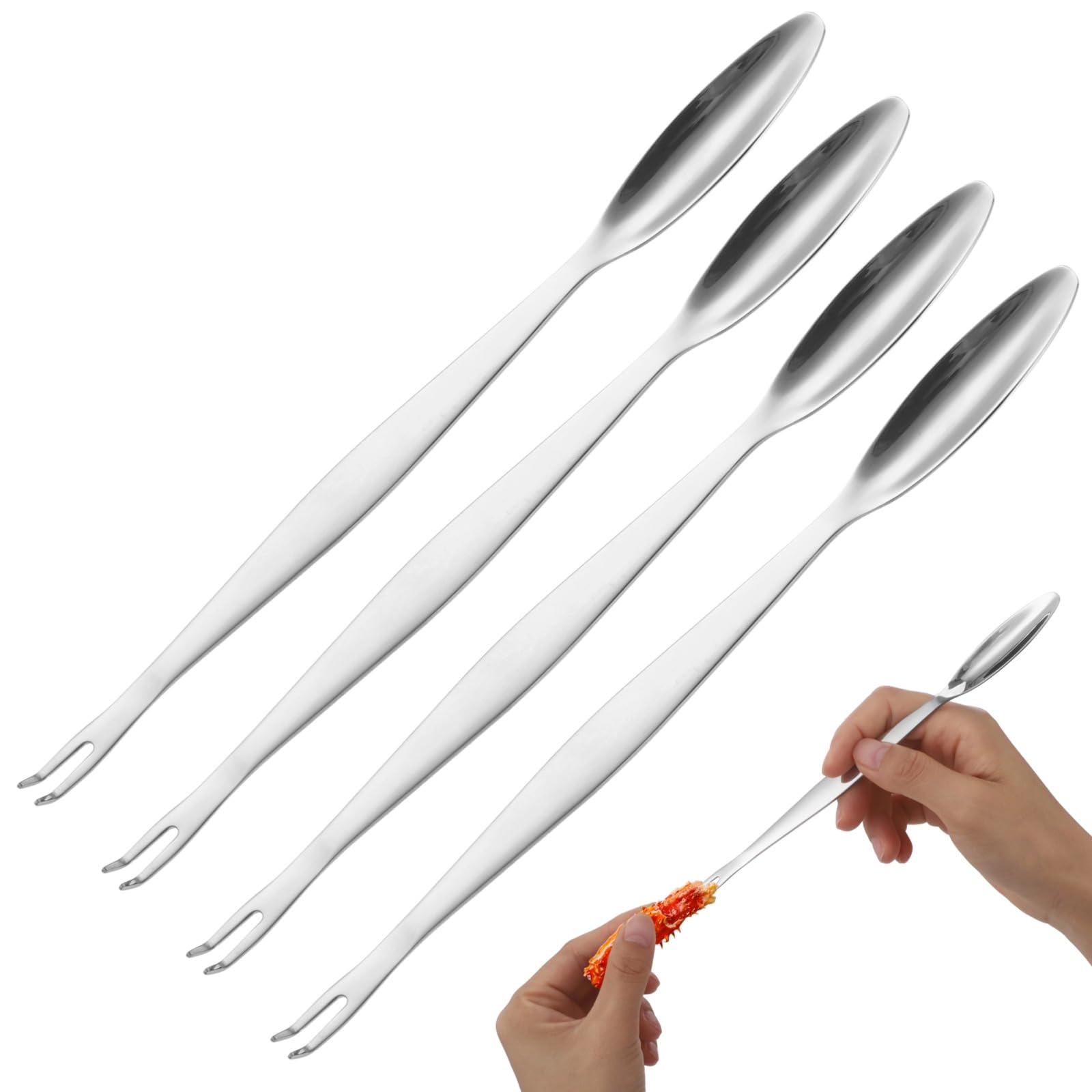 4 Pcs Seafood Picks, Stainless Steel Crab Legs Picker Tools, Dual Ended Crab Fork Spoon Set, Mirror Polished Non-Rust Pickers for Claws, Oyster, Lobster, Shrimp