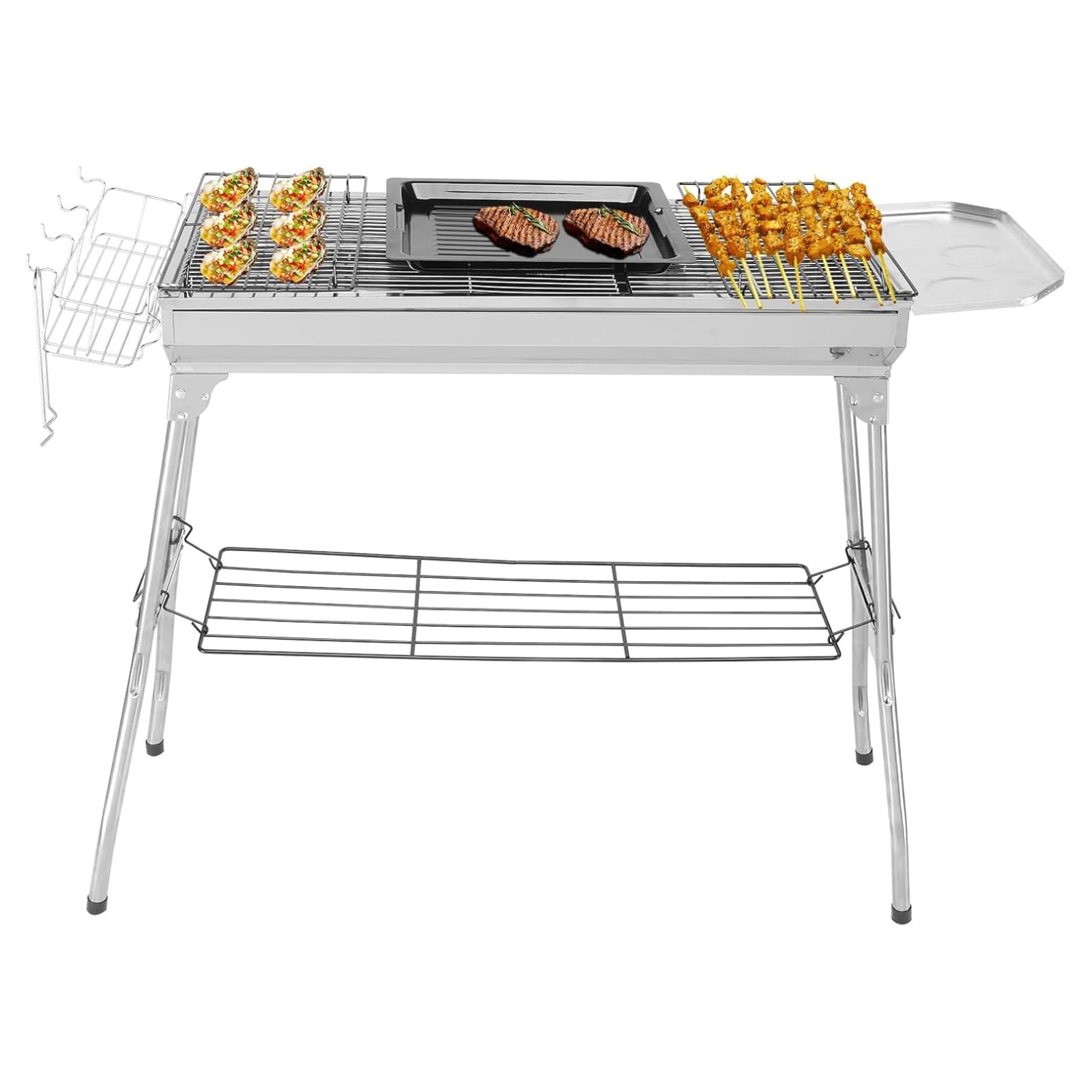LEADZM Barbecue Charbon de Bois en Acier Inoxydable – Pliant et Portable (100x31x71cm déplié) – Pour 5-10 Personnes – Idéal Camping, Terrasse & Extérieur