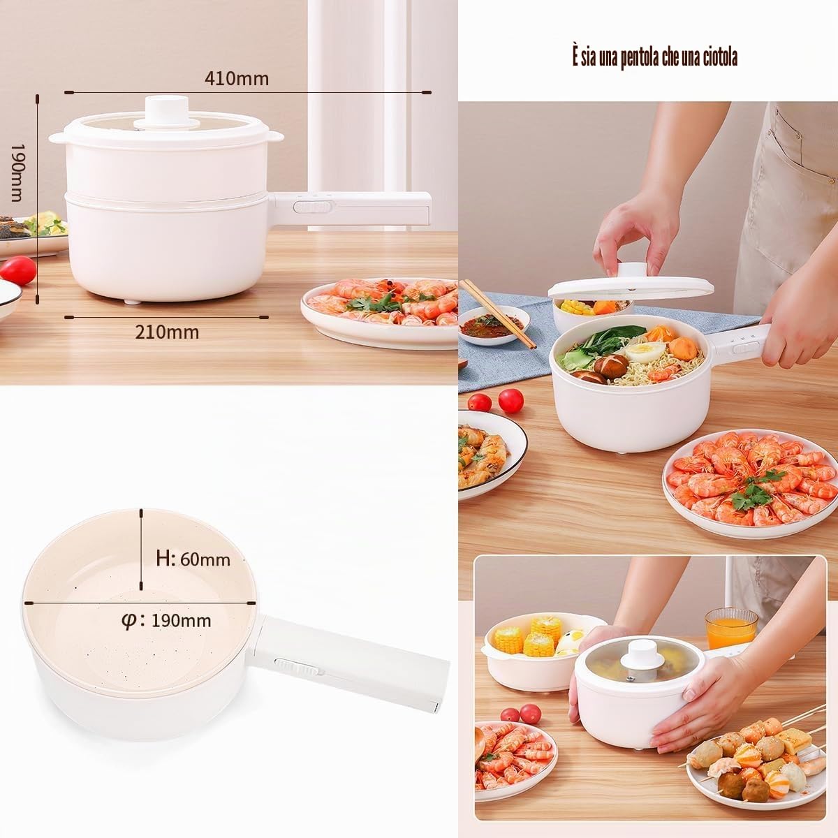 Pentola Elettrica 1.5L con Vapore, Per Friggere/Ramen/Fondue/Zuppa, Adatta per Casa/Studenti/Campeggio, Rivestimento Ceramico Antiaderente, Doppia Regolazione di Potenza, Colore Beige Chiaro