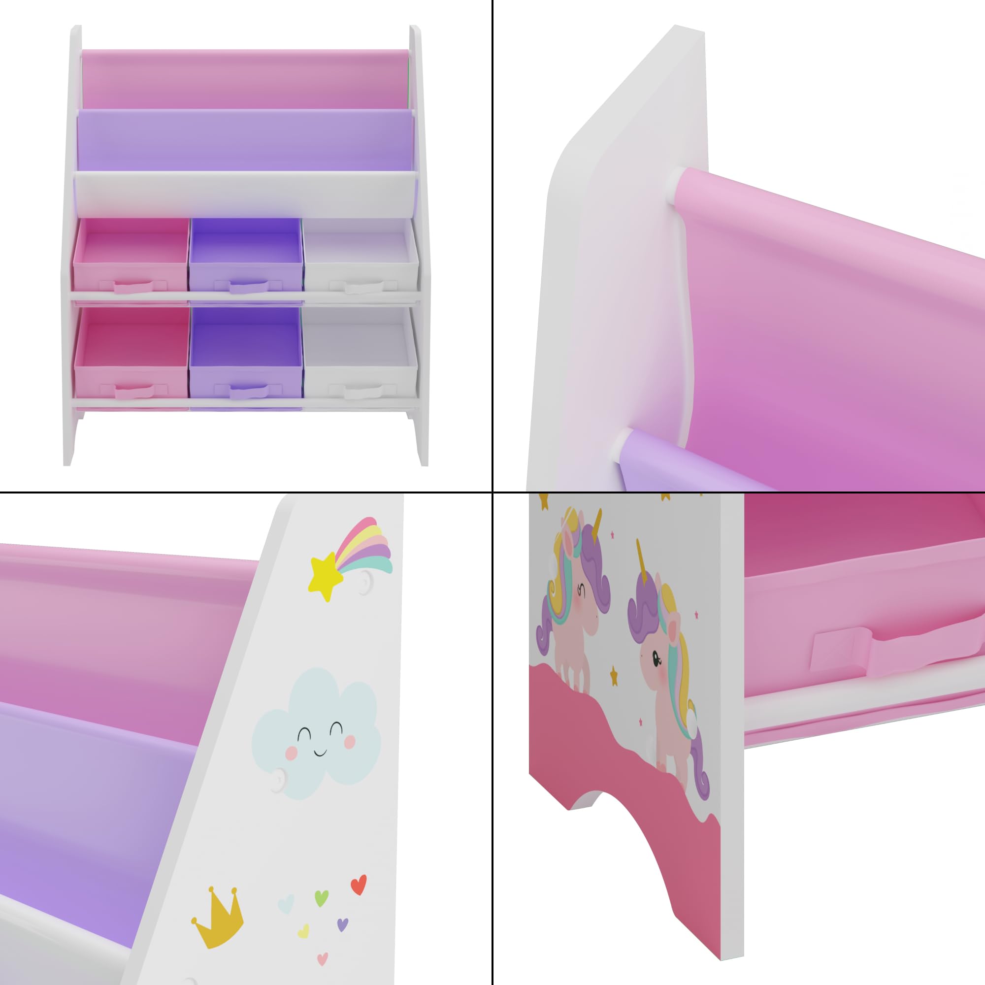 [en.casa] Estantería para Niños Organizador de Libros y Juguetes Motivo de Unicornio con 6 Cajas Aglomerado/Poliéster 74 x 62 x 27 cm Blanco y Rosa/Púrpura