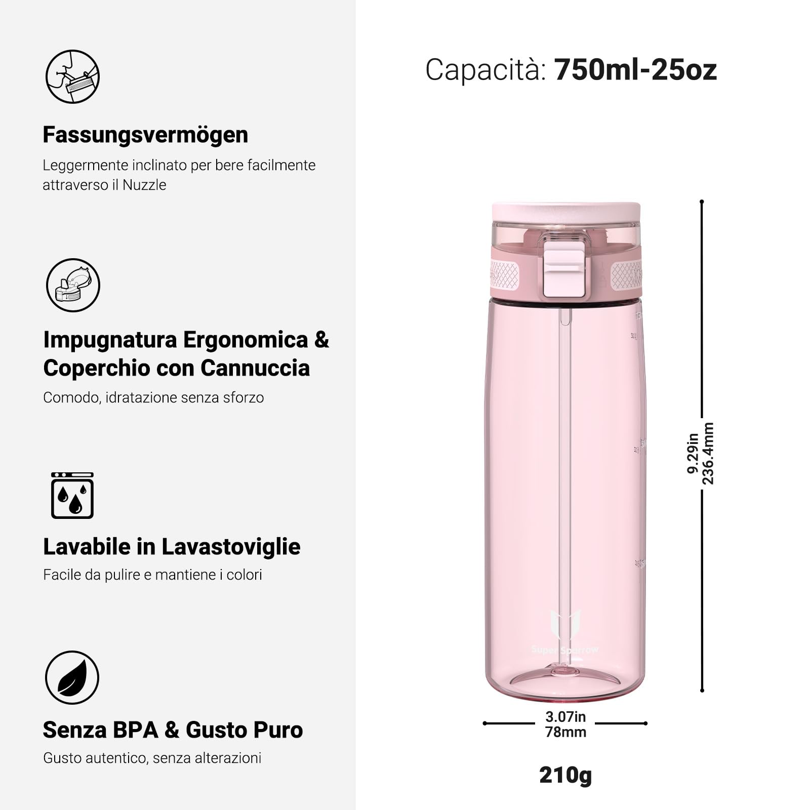 Super Sparrow Borraccia - TouchSip Sportiva Bottiglia - 500ml/750ml/1L - Tritan Senza BPA, a Prova di Perdite - Borracce con Cannuccia Ideale per Scuola e Sport