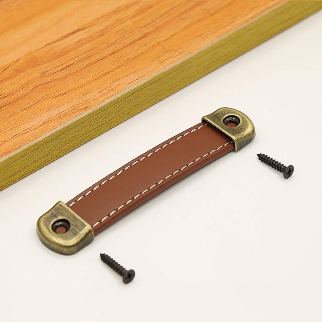 Leather Drawer Pulls with Iron Sheet Enhanced Bearing Capacity 6pcs Cabinet Pulls Wooden Box Pulls Gift Box Leather Pulls Handle with Tapping Screws (Hole Distance 3.8", 6Pack, Red-Brown)