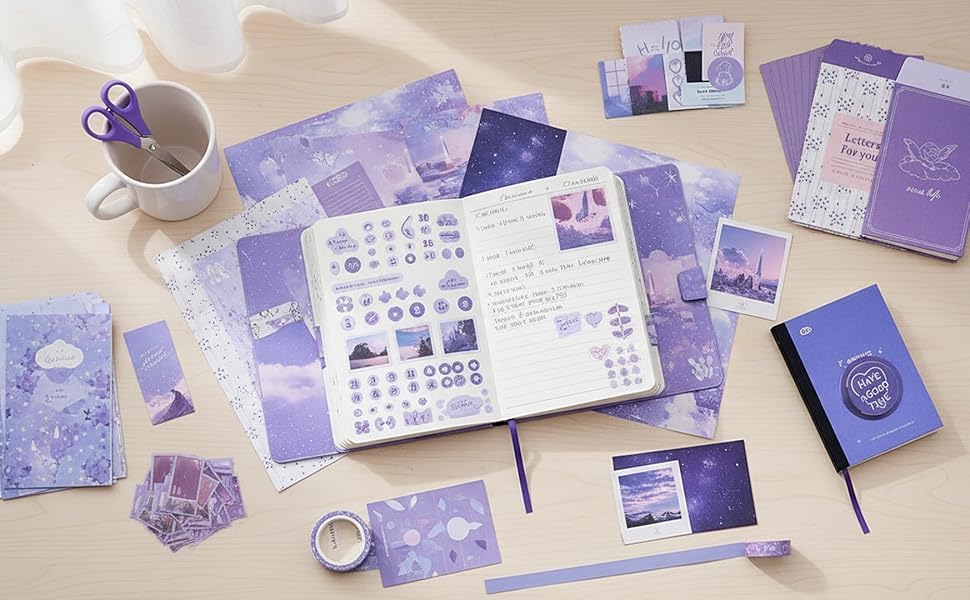 Image of Paper Vintage Aesthetic Scrapbook Kit(346Pcs) Scrapbooking Supplies Kit With Bullet Junk Journal,Stationery,A6 Grid Notebook Journaling Gift For Girl (Purple Scrapbook)