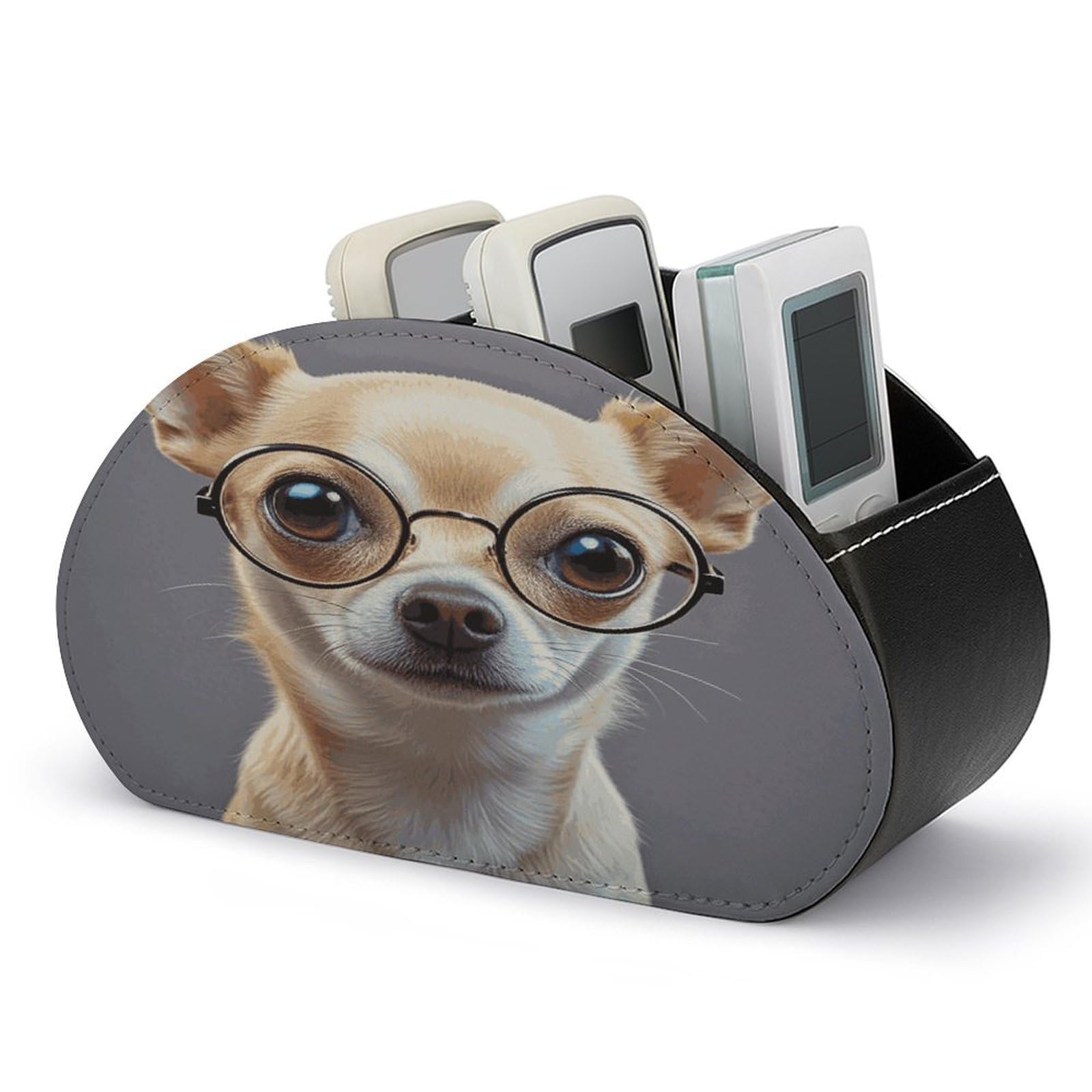 FekiLoot Chihuahua Dog Glasses TV Remote Control Holder with 5 Compartments Multi-functional Leather Bedside Table Remote Caddy Desktop Storage Box for Store Pen Controller Media Player Cosmetic