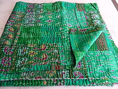 Sophia-Art Colcha india para cama individual o king india con retazos étnicos, colcha india de seda antigua bohemia Sari Kantha, colcha de patola (verde, edredón de bebé 127 x 177 cm)