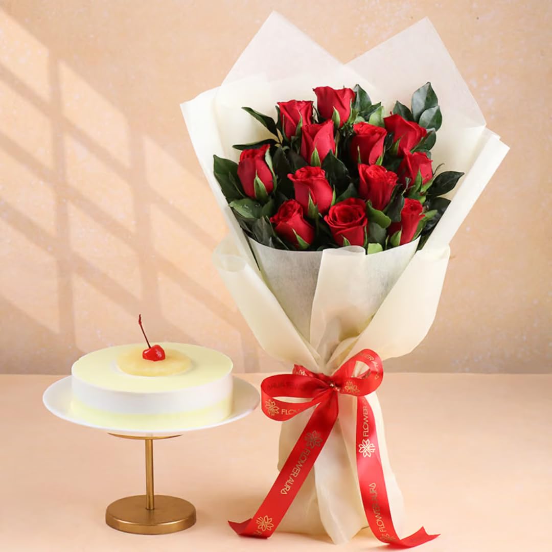 FlowerAura Premium Gift Combo of Fresh Live 0.5Kg Pineapple Cake & 12 Red Roses Flower Bouquet For Birthday | Anniversary | Love | Father's Day | Mothers Day Gift For Mom (Same Day Delivery)-image-28