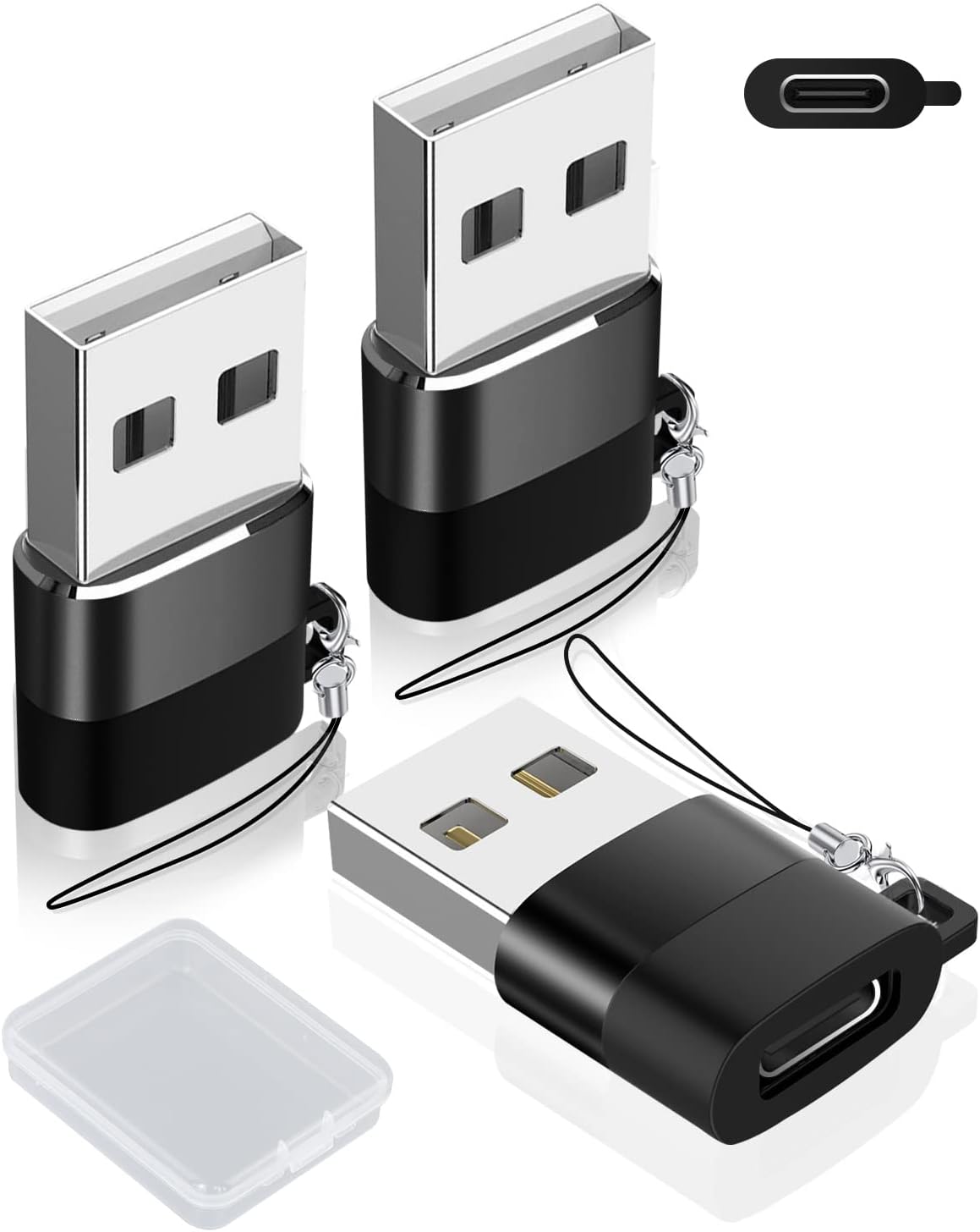 Maxesla USB C Female to USB A Male Adapter with Storage Box and Handy Lanyard, 3 Pack USB C to USB Adaptor Type C Charger Plug Power Converter, USB C to USB A for Apple Watch, iPhone, iPad Pro Mini