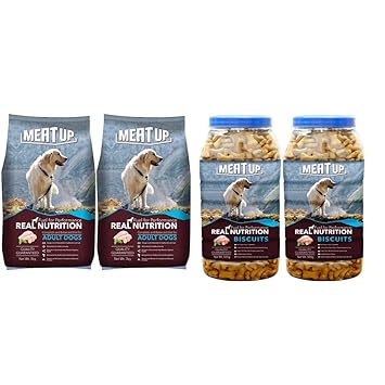 Meat Up Adult Dog Food, 3 kg (Buy 1 Get 1 Free) & Meat Up Chicken Flavour, Real Chicken Biscuit, Dog Treats -500g Jar (Buy 1 Get 1 Free)