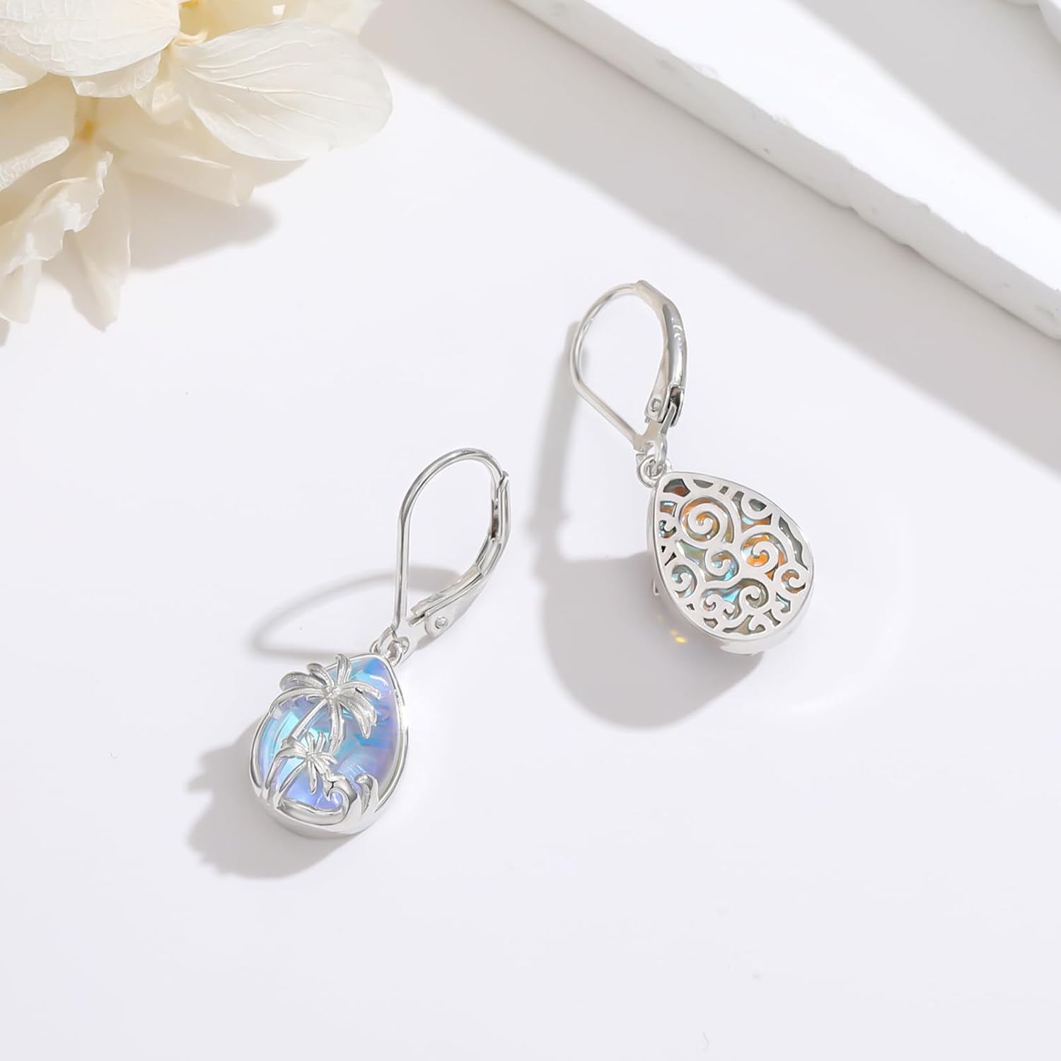 Filigree/Hibiscus/Plumeria Flower Leverback Earrings Moonstone/Lapis Lazuli/Turquoise/Moss Agate/Black Onyx Jewelry for Women 925 Sterling Silver Dangle Drop Earrings Filigree Gifts for Wife