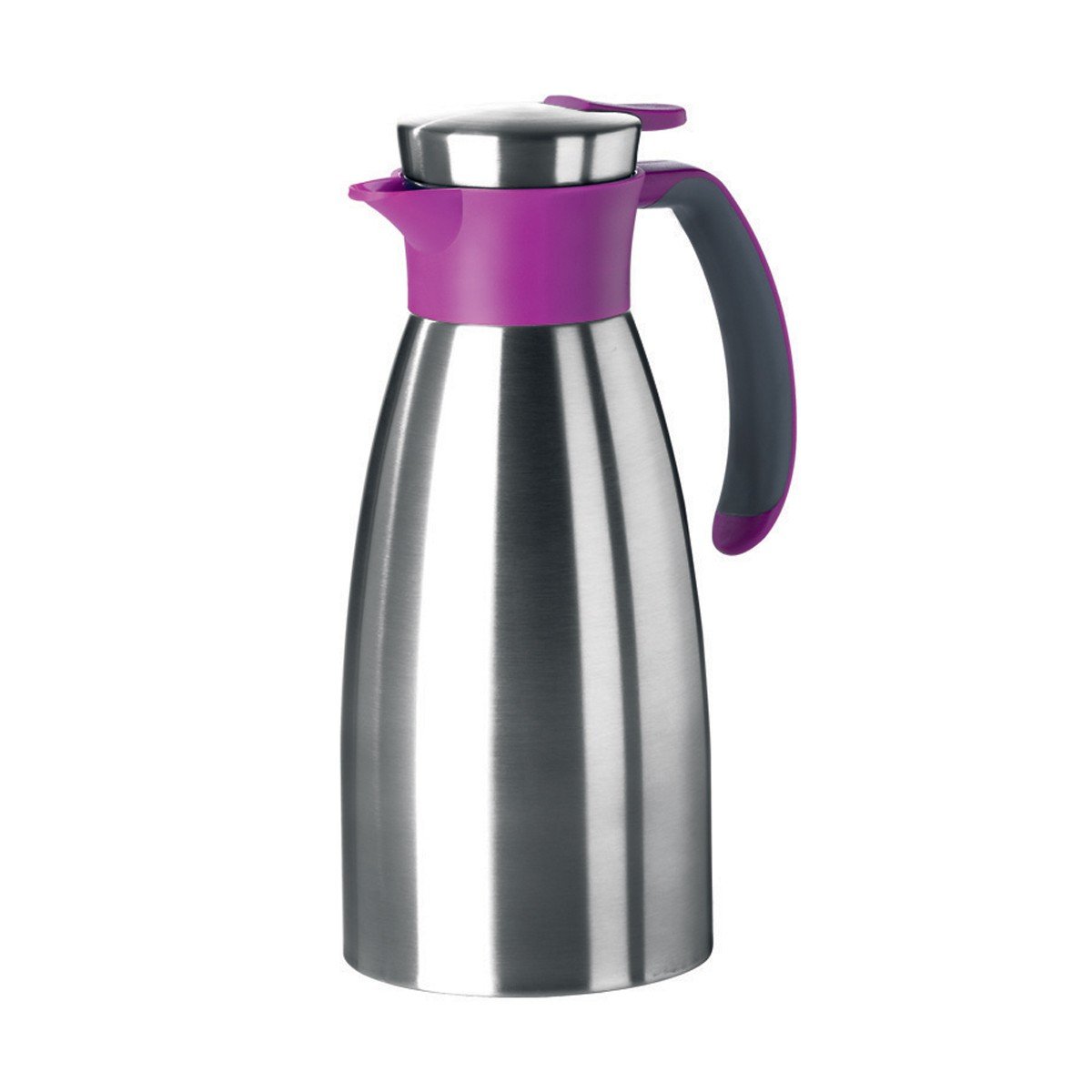 Emsa Soft Grip Isolierkanne, 1 Liter, Edelstahl, 12 Stunden heiß + 24 Stunden kalt, Auslaufsicher, Rutschfester Griff, Farbe Himbeer, 512576