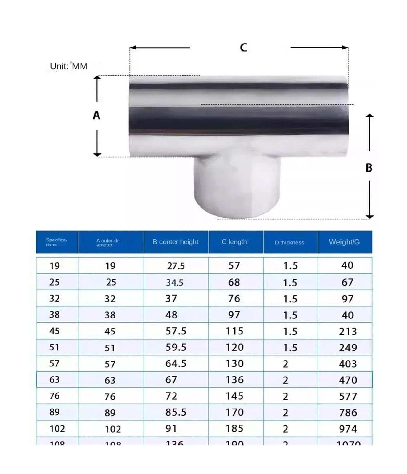 304‑Stainless‑Steel Weld Tee Connector OD 25‑102mm