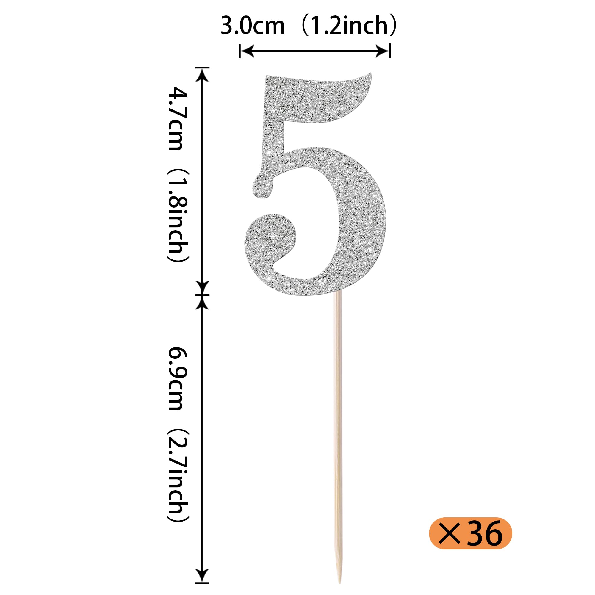 Rsstarxi 36 Pack Number 5 Cupcake Toppers for 5th Birthday, Anniversary, Baby Shower in Silver Metallic