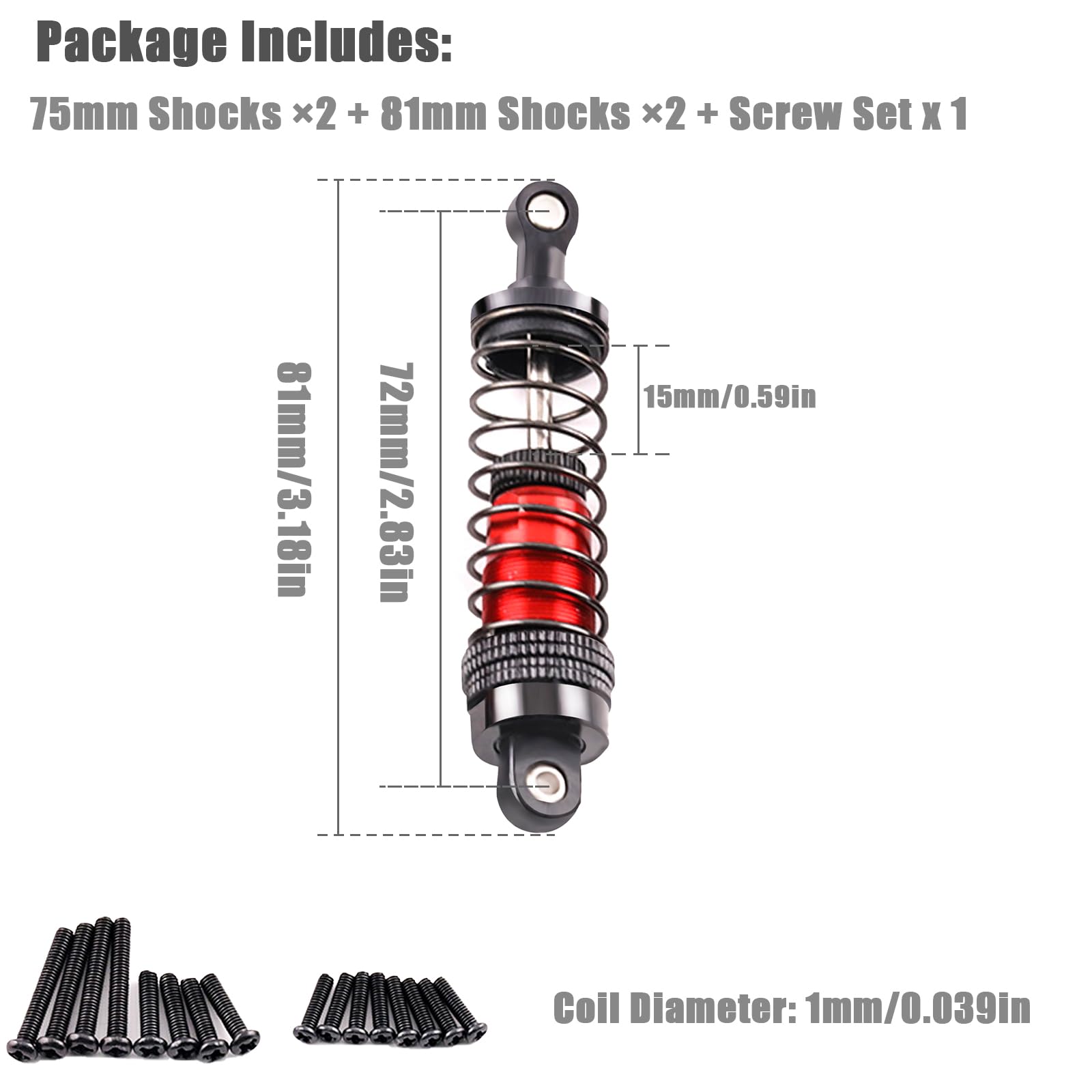 Oil-Fill Shock Absorbers for 1/14 1/16 1/12 RC Cars, 81mm Hydraulic Suspension Kit, DIY Refillable Dampers with Alloy Body, Compatible for MJX, HSP, WLtoys, SCY, FMS, Traxxas (Oil Not Included)