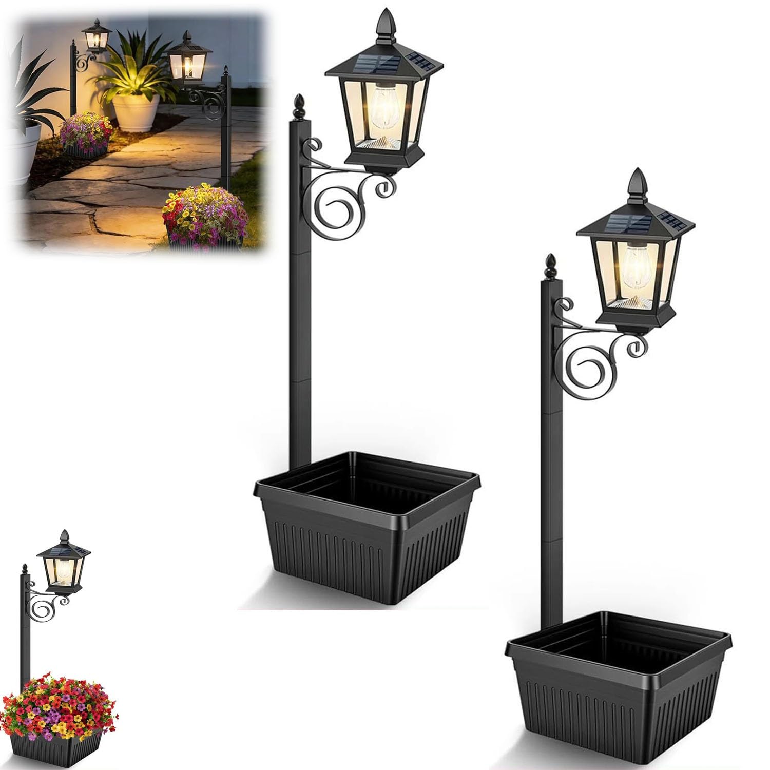 Quesardens 2Pcs 2-In-1 Solar Lamp Post With Planter, Outdoor Solar Garden Lantern With Flower Pot, Auto On/Off, Waterproof Led Solar Pathway Light For Patio, Yard, Porch, Garden Decoration(,Medium)