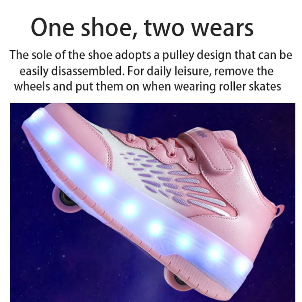 Trampki dziecięce, buty na deskorolce z dwoma kołami, buty 2 w 1, buty uniwersalne, buty sportowe, buty ze światłami LED, ładowanie USB, oddychające, odporne na zużycie