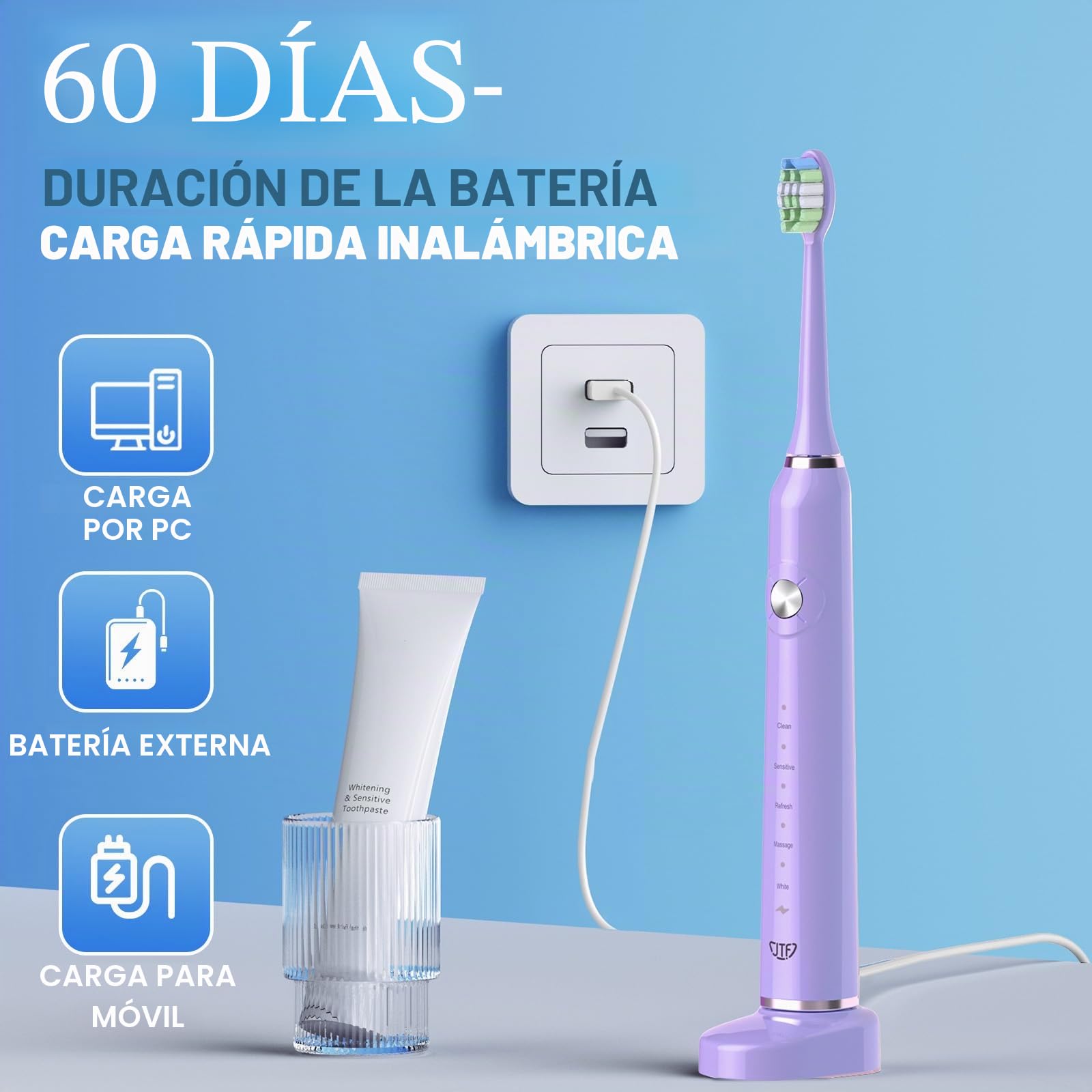 JTF Cepillo de Dientes Electricos Sónico Adultos, 6 Cabezales y IPX7, 40000 VPM y 5 Modos, Sensor de Presión y Temporizador de Cepillado Ultrasónicos para Mujer Hombres Electric Toothbrush con Estuche