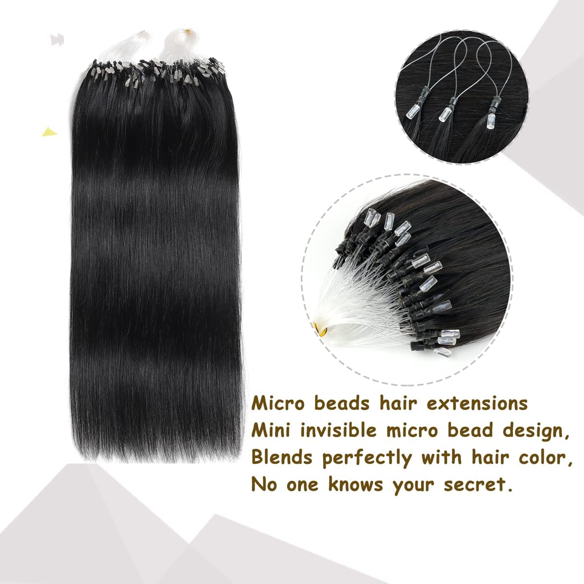 Micro Loop Echthaarverlängerungen Micro Bead Haarverlängerungen Echthaar Microlink Haarverlängerungen Echthaar Micro Ring Haarverlängerungen 100 Stränge für Frauen,Schwarz,14in