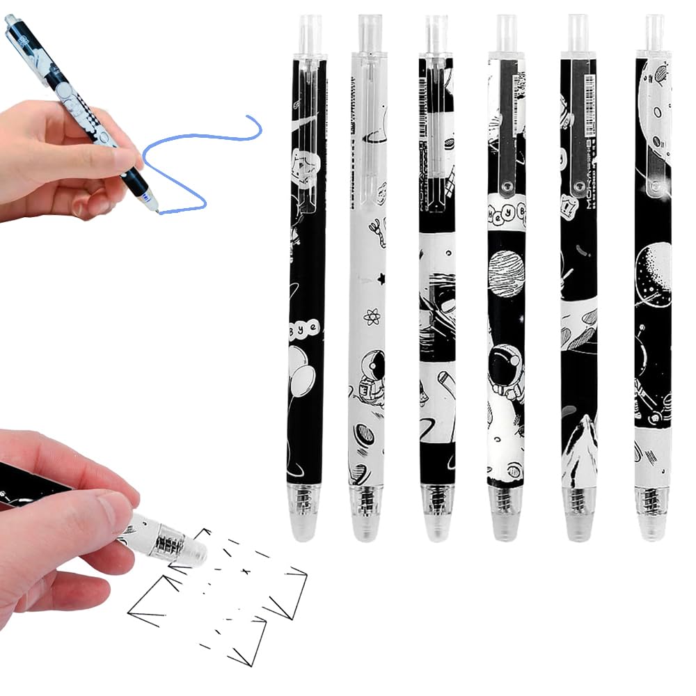 ARKZO Pack of 6 Aesthetic Cute Erasable Gel Pens Blue Ink Retractable Pens Astronaut Moon Walkers Erasable Pen with Eraser for Girls Kids Boys School Writing Stationary Gift