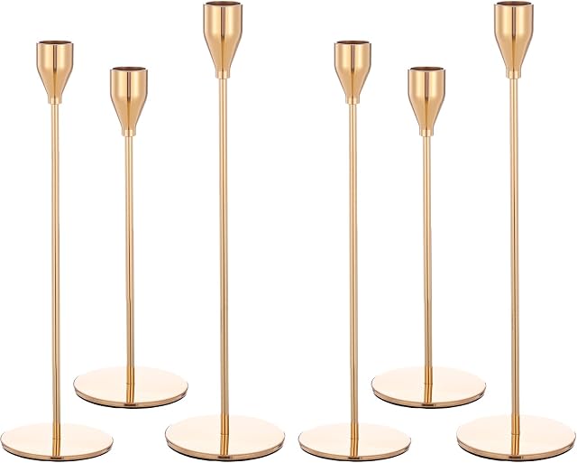 Set of 6 Gold Candle Holders for Taper Candles, Fits 3/4 inch Thick Taper Candle, Metal Candle Stand Decorative Candlestick Holder for Wedding, Candlelight Dinner, Party Tabletops Home Decoration