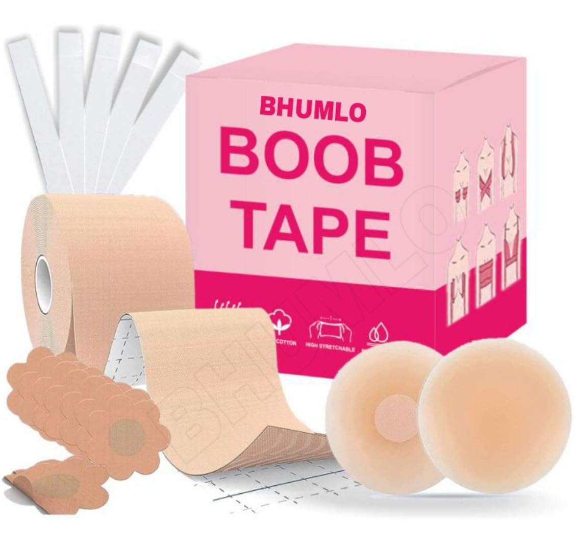 bhumlo Boob Tape with 10 Nipple Pasties & 36 Fashion Tape Multipurpose Body Tape for Women Push Up & Lifting Breast Tape Breast Lift Bra Tape for Breast Lift Double Sided Tape-picture-54