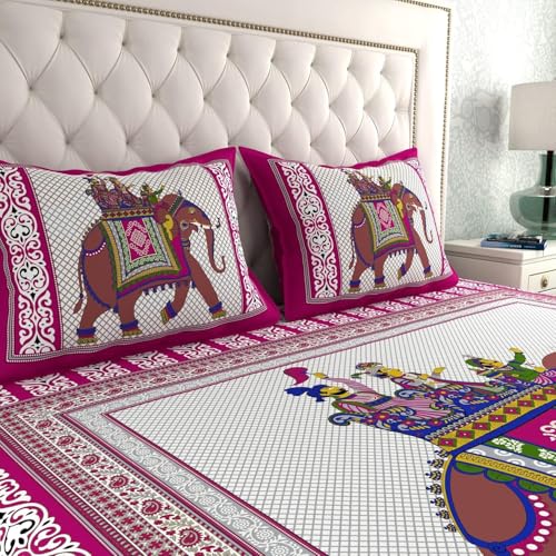 Image of La Verne 104 TC Cotton Double Bed Bedsheet Jaipuri Rajasthani Print Bedsheet with 2 Pillow Covers