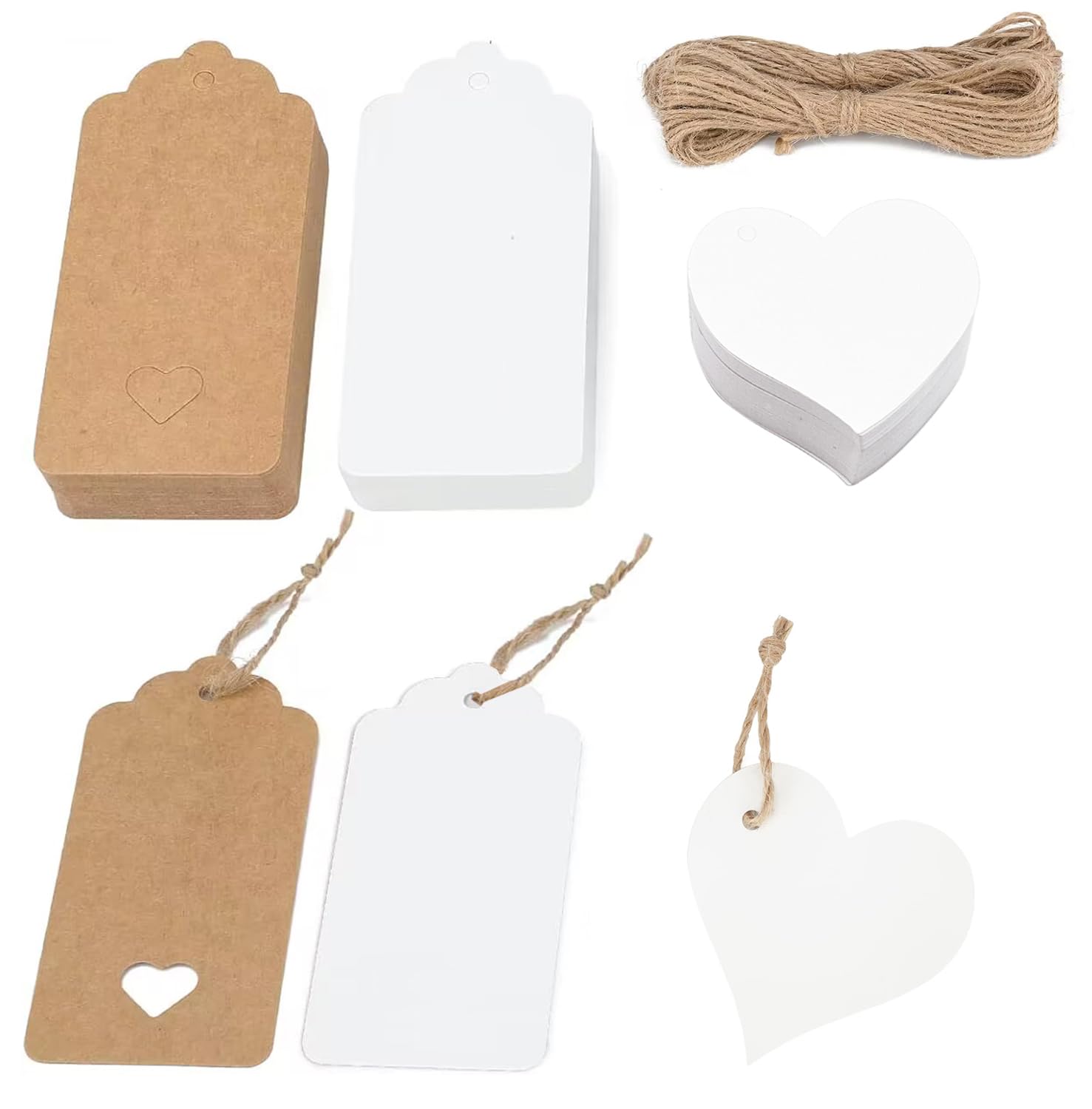 Tasnme 300PCS Kraft Paper Tags with Jute Twine, 100 White & 100 Brown Tags & 100 Heart Tags for Arts and Crafts Gifts Wedding Thanksgiving Christma ect