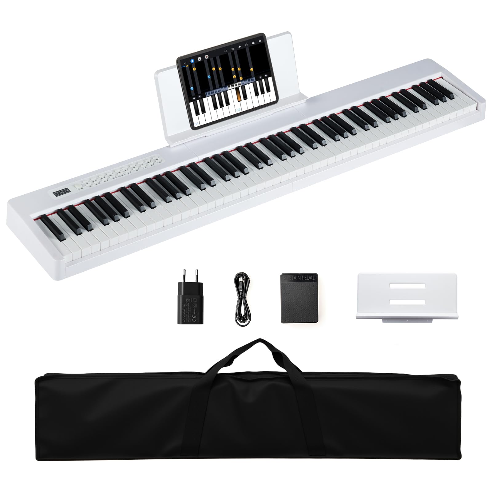 COSTWAY Pianoforte Digitale a 88 Tasti, Tastiera Elettrica per Principianti con 380 Timbri, 128 Ritmi e 88 Demo, Pianola Tastiera Portatile e Leggera con Borsa da Trasporto (Bianco)