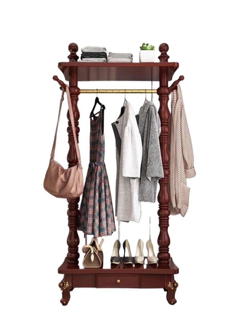 YQINQIN83B Organizer Rack Solid Wood Household Clothes Hanger Floor Clothing Rack for Bedroom