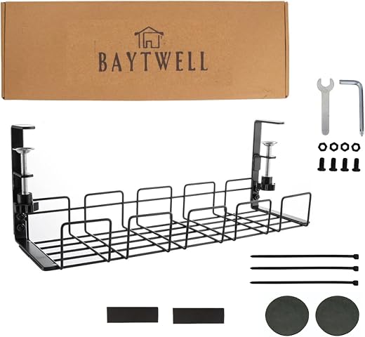 BAYTWELL No Drill Cable Organizer for Desk | Under Desk Cable Management Tray &amp; Wire Organizer for Home and Office, Desk C...
