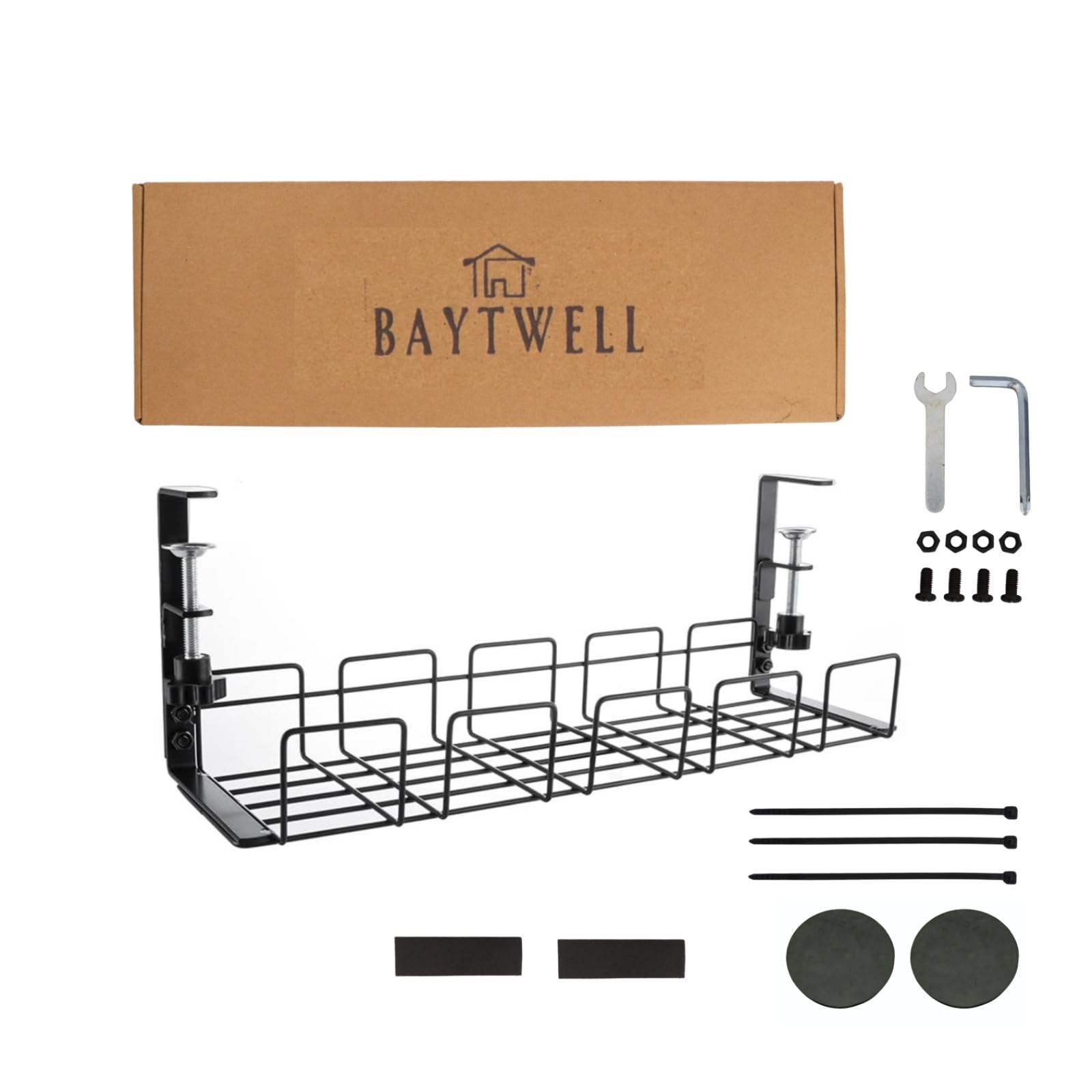 BAYTWELL No Drill Cable Organizer for Desk | Under Desk Cable Management Tray & Wire Organizer for Home and Office, 40x15x13 cm (Black)