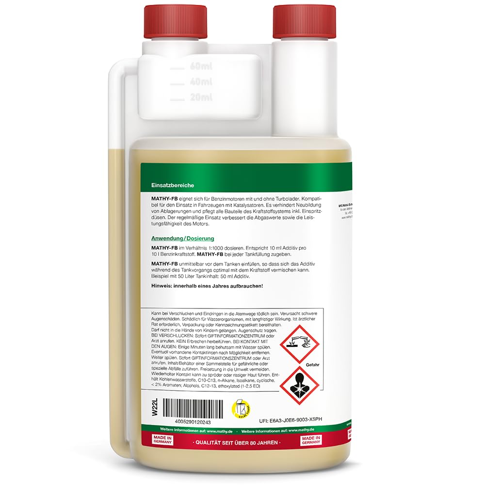 MATHY-FB Benzin-Pflege-Kraftstoffadditiv, 1 Liter, Additiv Systemreiniger | Benzinadditiv & Kraftstoffstabilisator, Hochkonzentrierte Reinigung für Benzinmotor, Reiniger bei jeder Tankfüllung