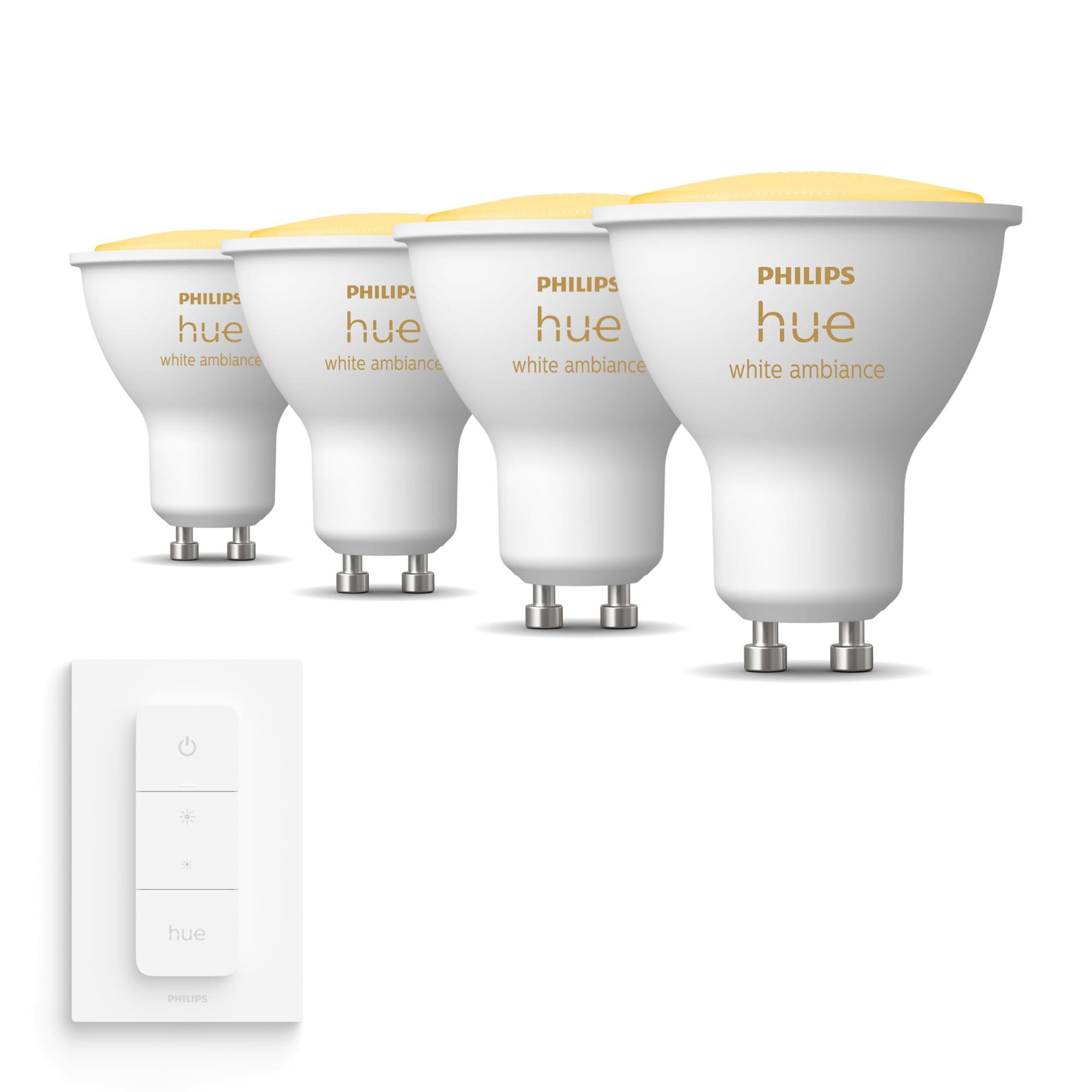 Philips Hue Vorteilspaket - GU10 - mit 4 Spots - Warm bis Kaltweißes Licht - inkl. 1 Hue Dimmschalter - Hue White Ambiance