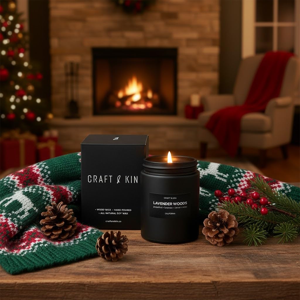Craft & Kin Premium Lavender Woods Candle | Black Fall Scented Candles for Men | Long Lasting with 45 Hour Burn Time, 7.6oz | Made with Soy | Aromatherapy at Home | Gifts for Men