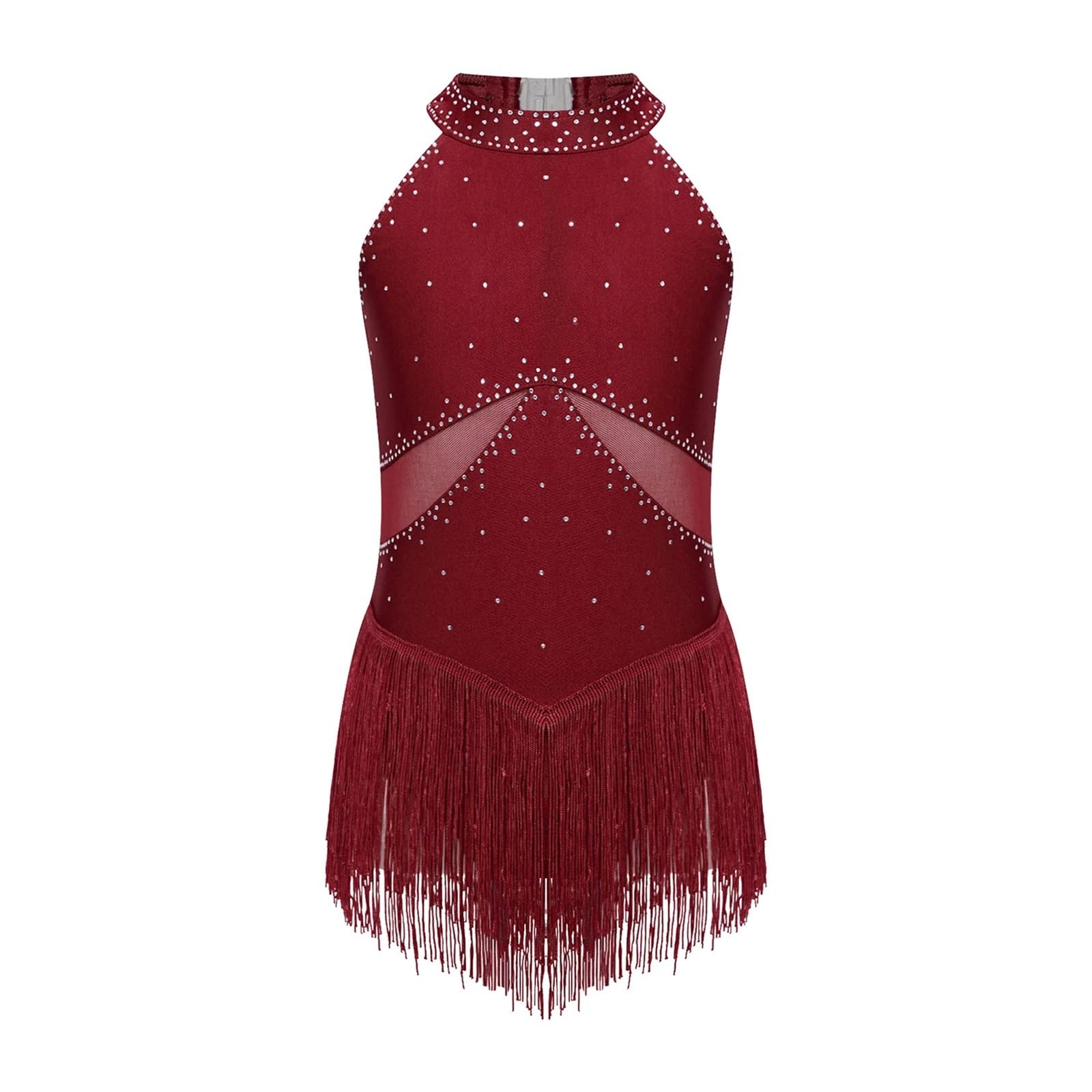 Maillot Patinaje artistico Leotardo con Flecos y Diamantes de imitación for niñas, Vestido de Patinaje artístico, Mono con borlas for Gimnasia, Cha-Cha, Tango, Baile Latino(Burgundy,16)