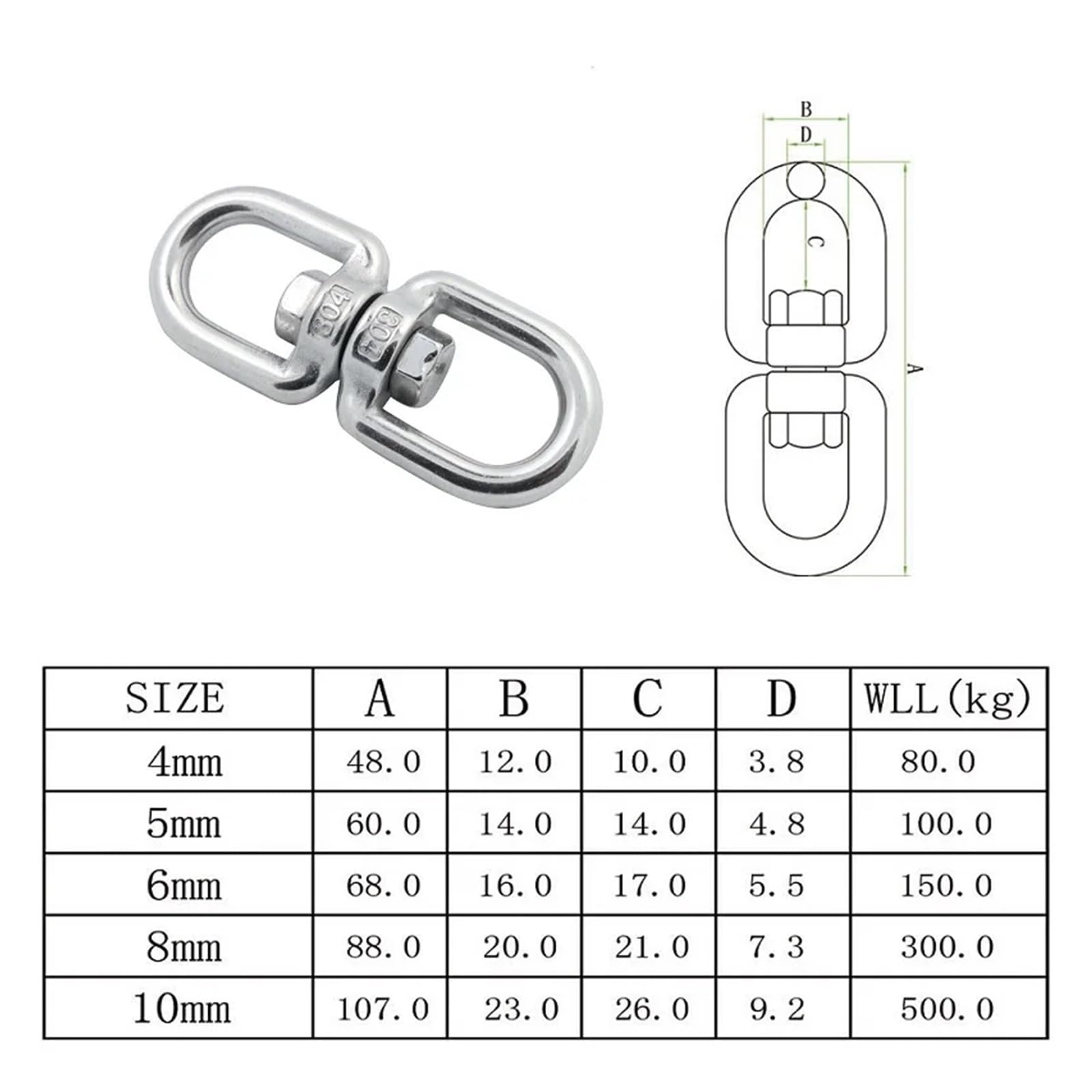 Grilletes acero inoxidable 5 piezas de ancla giratoria ojo a 4mm 5mm 6mm 8mm 10mm acero inoxidable 304 resistente cadena marina(M8)