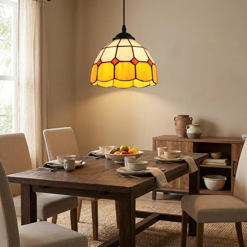Alpinaluz suspension en verre Tiffany fait main Ø20 cm, jaune, blanc opalin et transparent, douille E27, hauteur réglable, style classique vintage