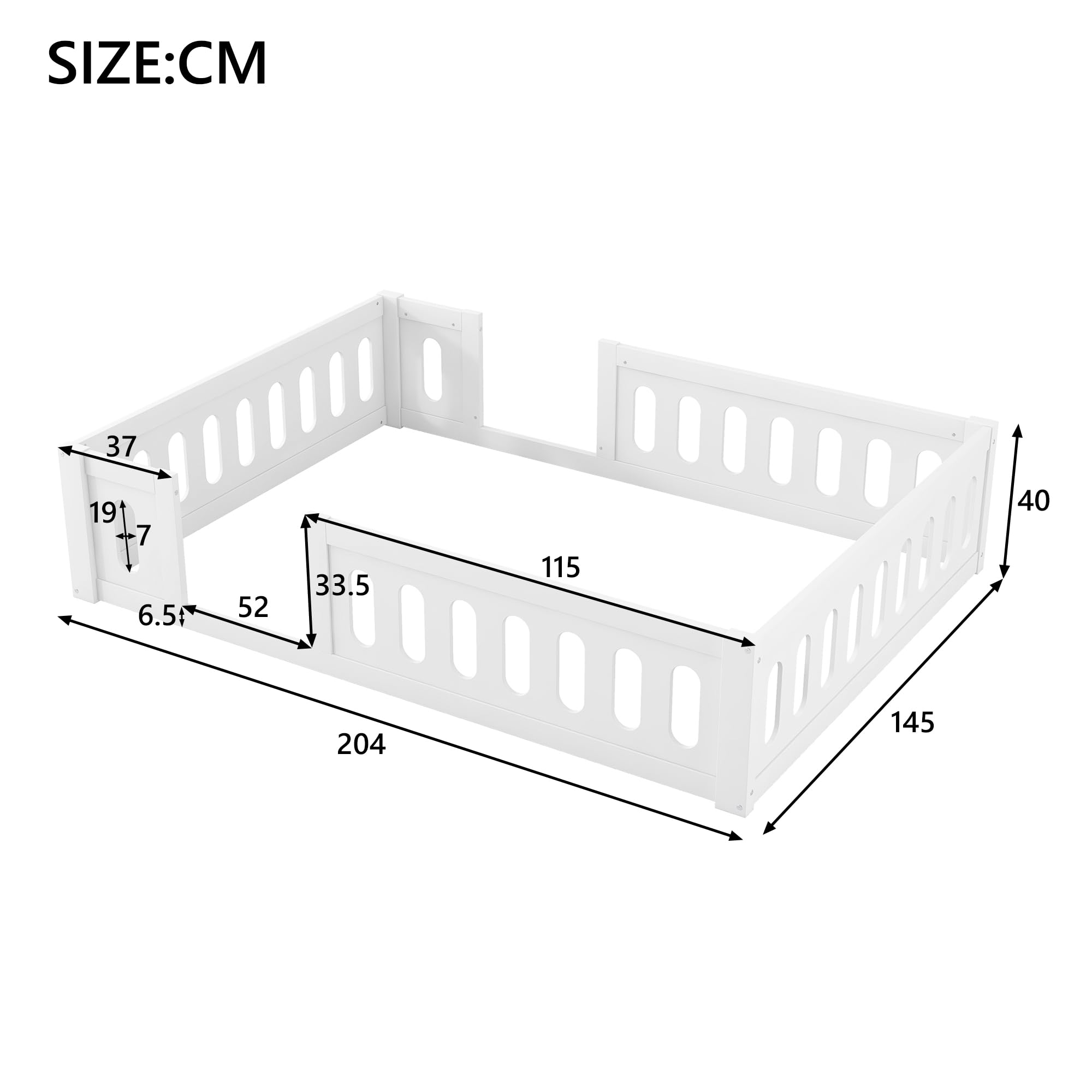 Łóżko dziecięce 140 x 200 cm z półzamkniętym ogrodzeniem, łóżko dziecięce z litego drewna, głębokość podłogi, bez stelaża, drewno sosnowe + MDF (białe, 140 cm x 200 cm)
