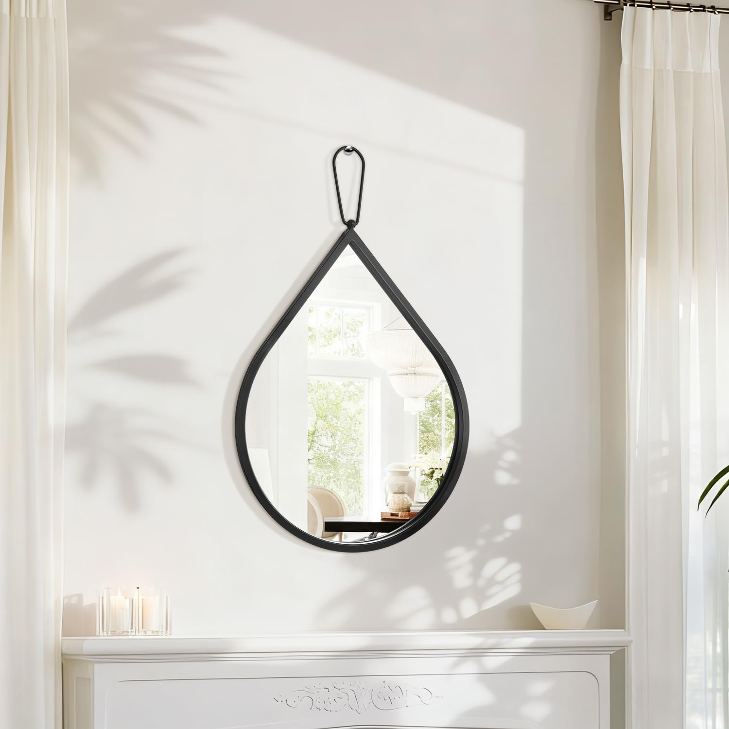 Espejo de pared con marco de metal grueso, espejo colgante de lágrima negra, espejos decorativos modernos para baño, sala de estar, entrada, pasillo, pequeño