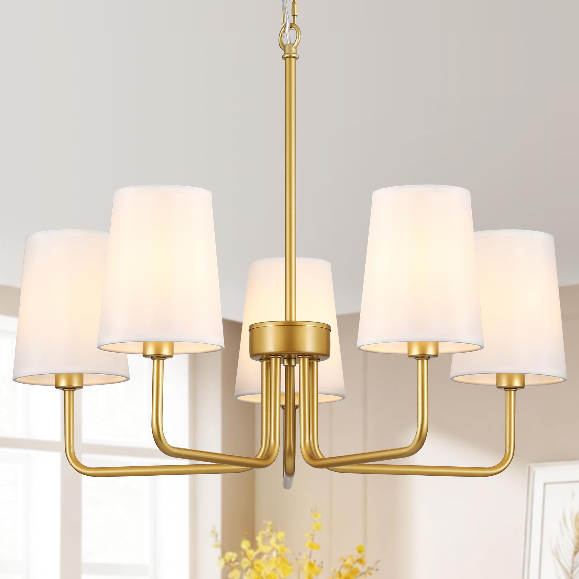 Photo 1 of Kveosv Modern Farmhouse Chandelier, 5-Light Gold Chandelier White Fabric Shade, Height Adjustable Industrial Pendant Light for Kitchen Over Table, 25‘’Dining Room Light Fixture for Living Room