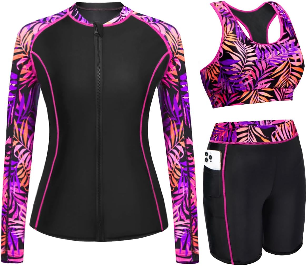 Daci Women 3 Piece Rash Guard - 3PC Long Sleeve Zip up Swim Shirt Sports Bra Modest Swimsuit with Shorts