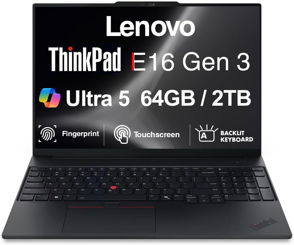 Image of Lenovo ThinkPad E16 Gen 3 Copilot+ Business Laptop 16 inch Touch FHD+ Display | Intel Ultra 5-225U, 64GB DDR5, 2TB PCIe SSD, Backlit Keyboard, Fingerprint, WiFi 6E +BT, RJ-45, 1080p Webcam, Win 11 Pro