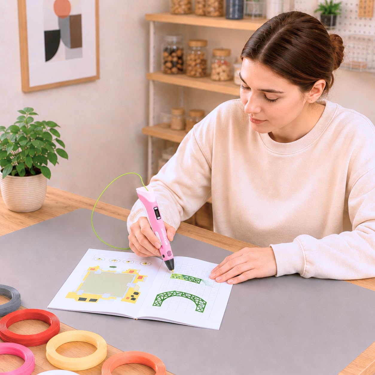 3D Pen con 50m di filamento PLA – Set iniziale professionale per penna 3D con 10 colori, adattatore USB, libro di modelli e istruzioni – Penna 3D per creativi, fai da te e disegno in 3D (Rosa