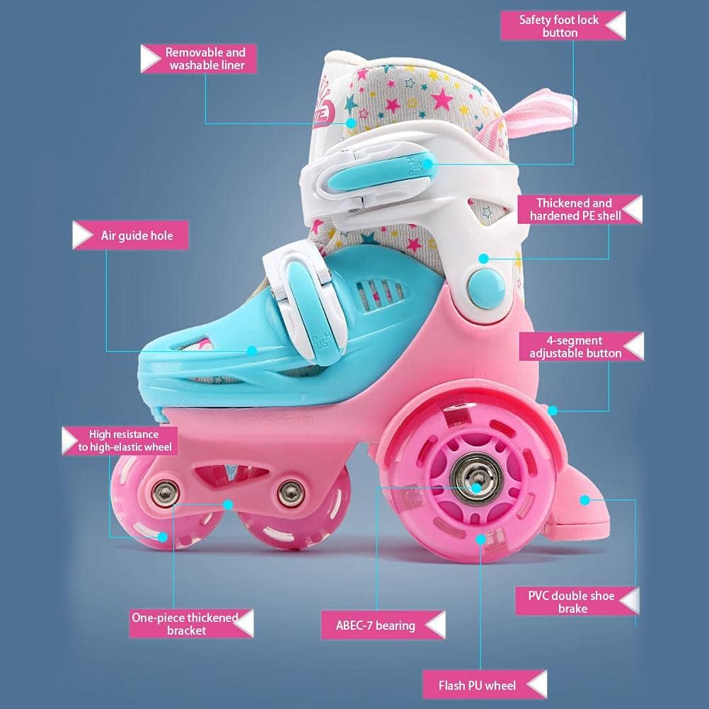 Kids Adjustable Roller Skates, Quad Skates with Luminous Wheels and Double Brakes, Ankle Support and Easy Walk Design