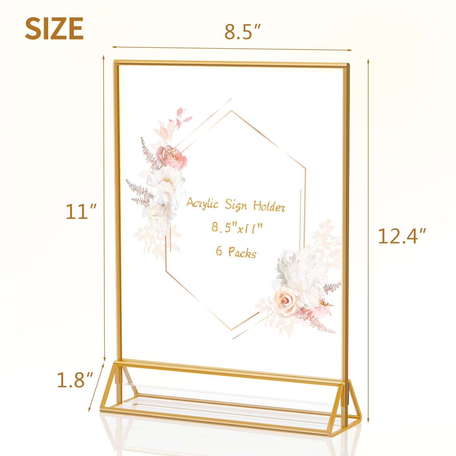 Portarretratos acrílico transparente de 8.5 x 11 pulgadas, portarretratos dorados, soporte de menú de doble cara para bodas, números de mesa (paquete de 6)