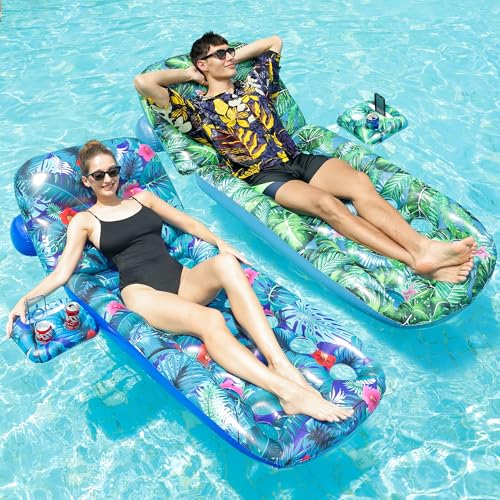 FindUWill Pool Floats Adult - 2 Pack Pool Lounger Float with Cup Holder, Headrest, Inflatable Pool Lounger Floaties Pool Floats Heavy Duty, Pool Rafts Cooling Pool Floaties