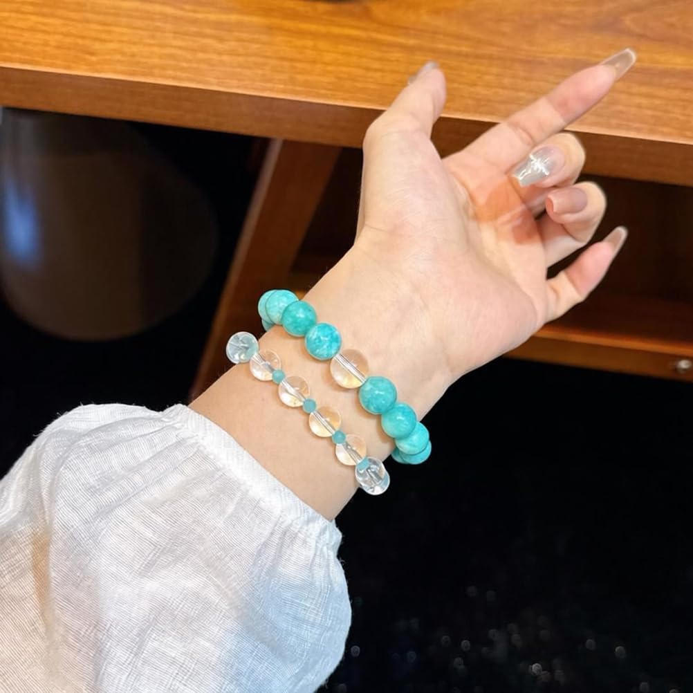 Pulsera de 2 Piezas con Cuentas Redondas de Cristal curativo, amazonita y Cuarzo Transparente, joyería elástica con Piedras Preciosas para Mujer