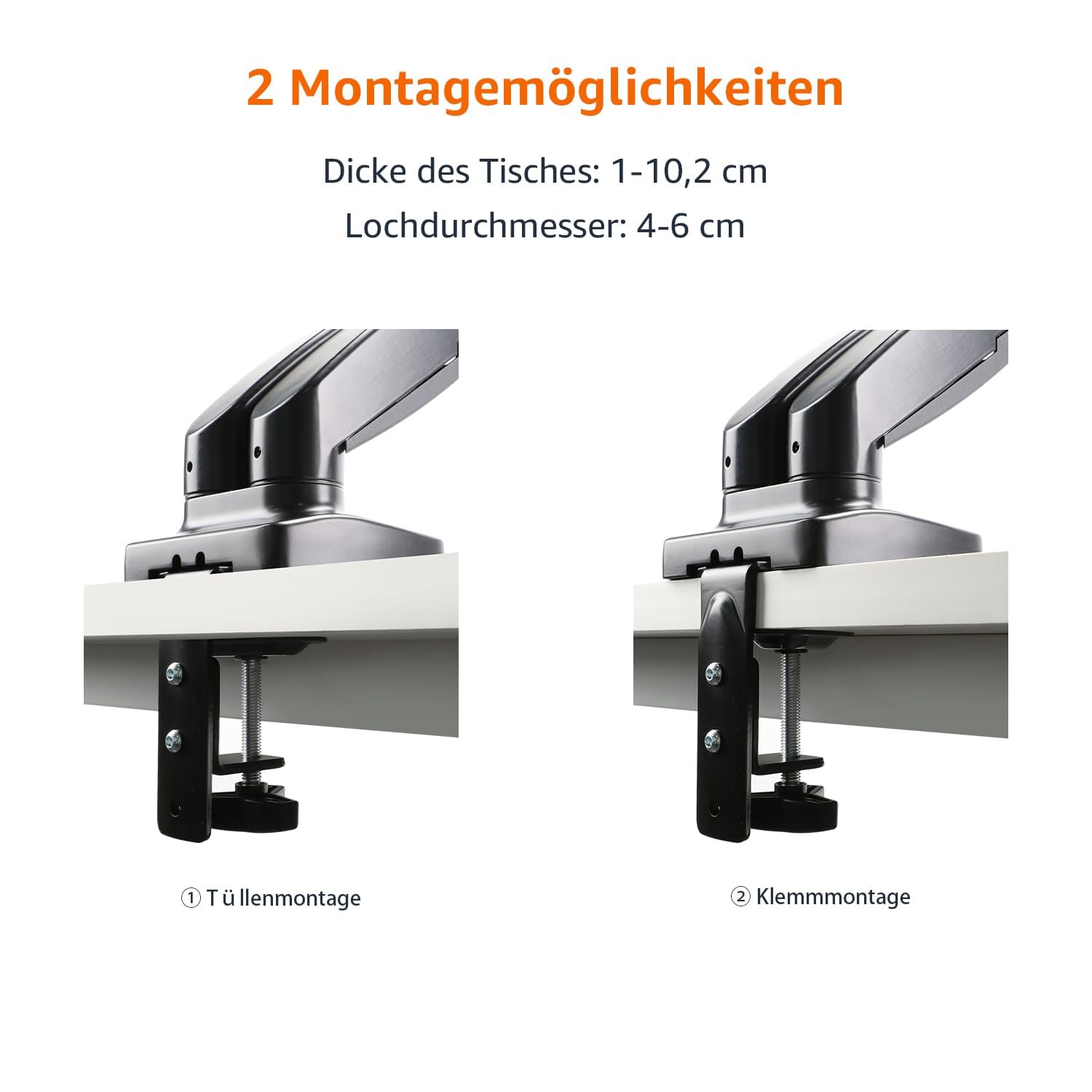 Amazon Basics Dual-Monitorarm mit Gasdruckfeder, Schreibtischmontage, Einstellbare Spannung, für 15–27 Zoll (38,1cm–68,6cm) Monitore, Trägt 2,0kg–7,0 kg pro Arm, VESA 75x75/100x100, Schwarz