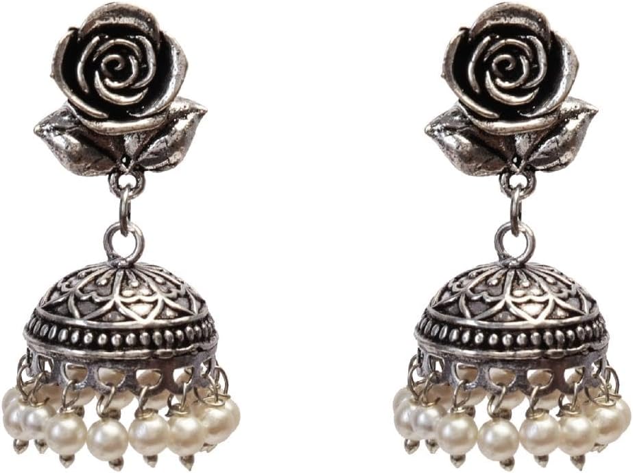 Efulgenz Oxidized Indian Jewelry Necklace Sets Indian Oxidized Jewelry Oxidized Choker Necklace Earrings Set Antique Boho Rose Necklace Faux Pearl Drop Jhumka Dangle Earrings Bohemian Statement Jewelry Set for Women - Image 6